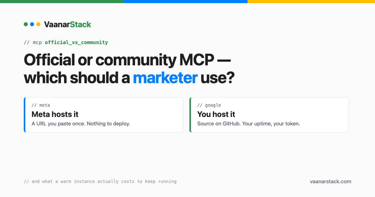 VaanarStack cover: official or community MCP - Meta hosts it, you host Google's