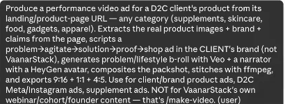 Specification text describing a pipeline that extracts real product images, brand and claims from a landing page and scripts a problem, agitate, solution, proof, shop ad in the client's own brand