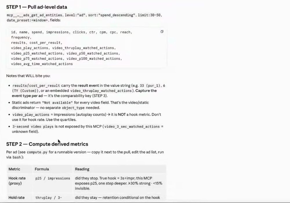 A SKILL.md file open in Claude, showing STEP 1 pull ad-level data with an explicit field list, a Notes that WILL bite you section, and STEP 2 compute derived metrics with a formula table
