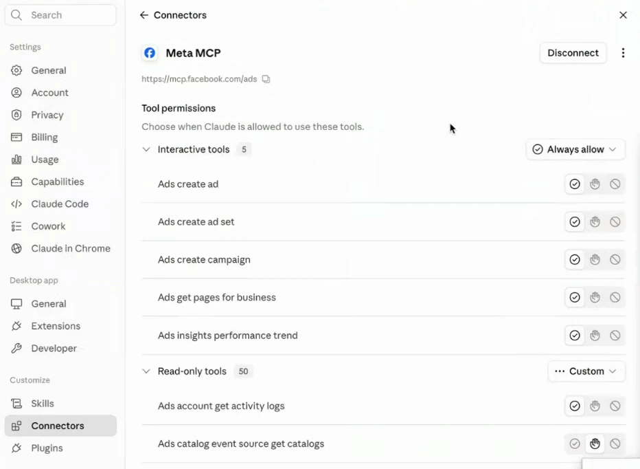 Connector settings panel for the Meta MCP showing the hosted URL and tool permissions split into 5 interactive tools set to Always allow and 50 read-only tools set to Custom