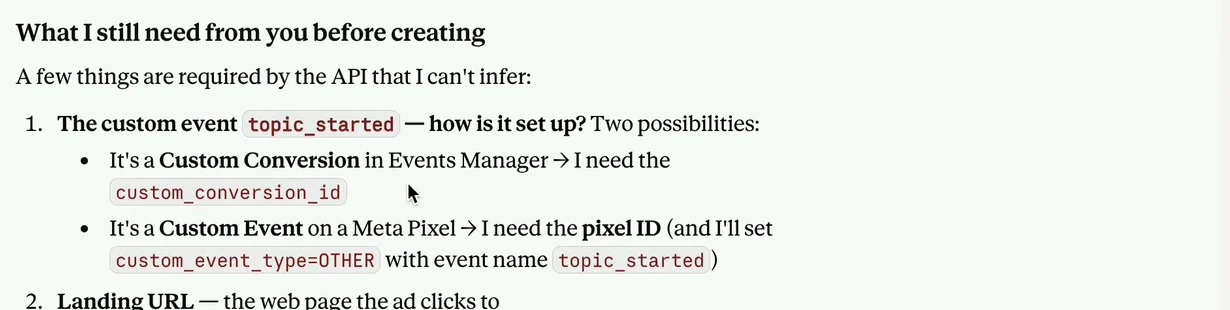 Claude asking which of two setups a custom event uses, offering either a custom conversion ID from Events Manager or a pixel ID with custom_event_type set to OTHER
