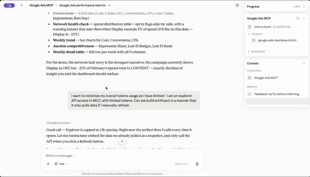 Claude conversation from the VaanarStack Google Ads MCP webinar, showing a prompt about limited Explorer API access in an MCC and Claude restructuring the dashboard to only pull data on manual refresh