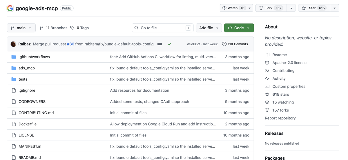 The official google-ads-mcp GitHub repository showing an Apache-2.0 licence, a Dockerfile with a commit allowing deployment on Google Cloud Run, and no hosted endpoint