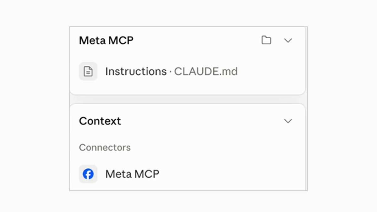 Claude's context panel from the VaanarStack Meta Ads MCP webinar, showing the Meta MCP connector attached and active under Connectors
