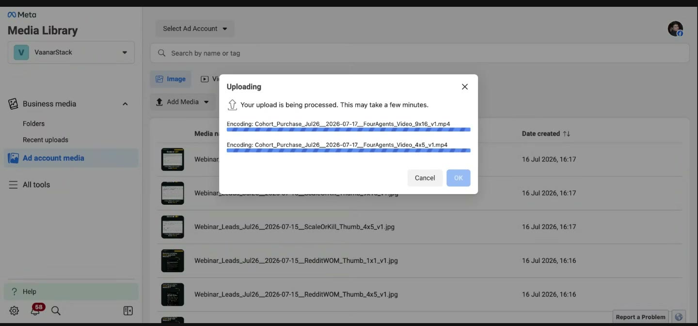 Meta Media Library uploading two ad video variations (9x16 and 4x5) to the ad account media, which the MCP later reads by hash