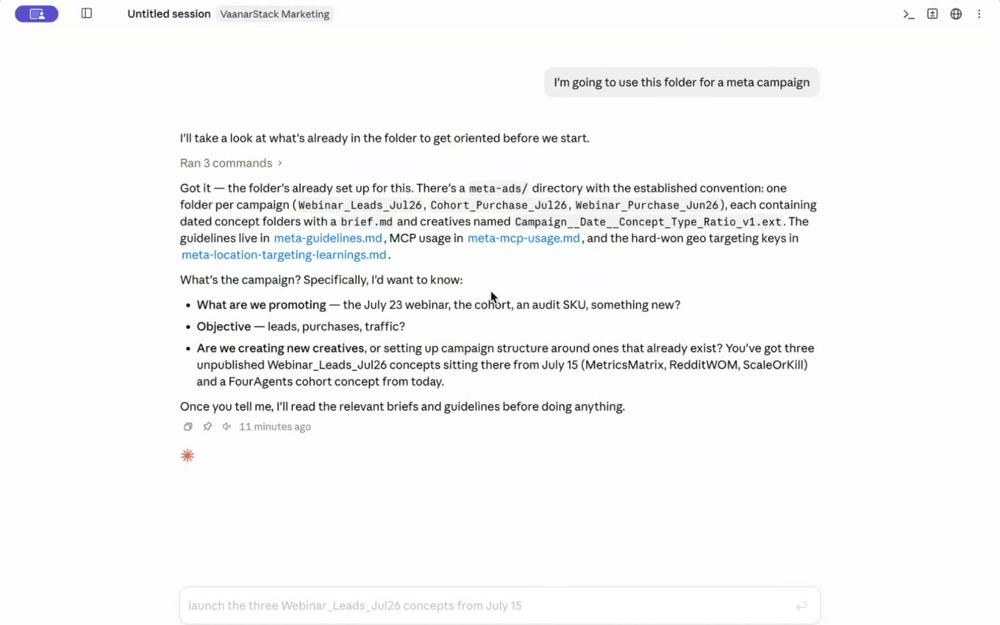 Claude reading the documented campaign setup: a brief.md per campaign plus meta-guidelines.md and the geo-targeting keys file, before creating anything