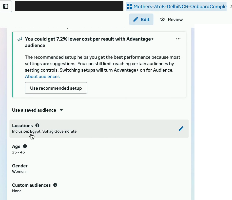 Meta Ads Manager showing an ad set named Mothers-3to8-DelhiNCR-OnboardComplete with Locations set to Inclusion: Egypt: Sohag Governorate